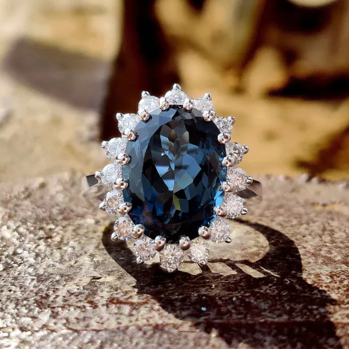 Diamondrensu Rings 1183 TCW London Blue Topaz Oval Cut Unique Cluster Halo Engagement Ring Diamondrensu Rings 1183 TCW London Blue Topaz Oval Cut Unique Cluster Halo Engagement Ring