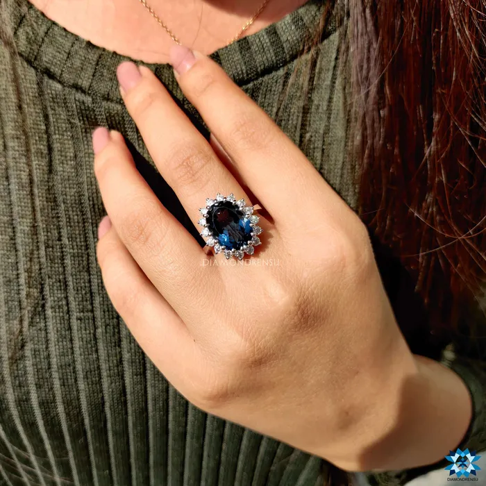 Diamondrensu Rings 1183 TCW London Blue Topaz Oval Cut Unique Cluster Halo Engagement Ring Diamondrensu Rings 1183 TCW London Blue Topaz Oval Cut Unique Cluster Halo Engagement Ring