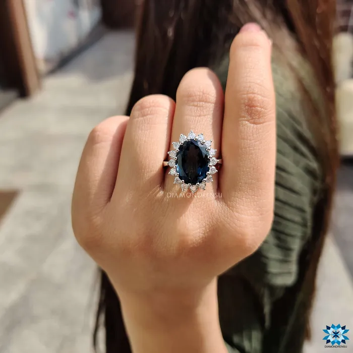 Diamondrensu Rings 1183 TCW London Blue Topaz Oval Cut Unique Cluster Halo Engagement Ring Diamondrensu Rings 1183 TCW London Blue Topaz Oval Cut Unique Cluster Halo Engagement Ring