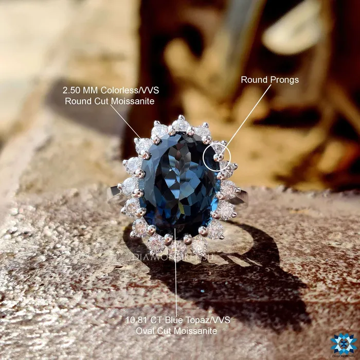 Diamondrensu Rings 1183 TCW London Blue Topaz Oval Cut Unique Cluster Halo Engagement Ring Diamondrensu Rings 1183 TCW London Blue Topaz Oval Cut Unique Cluster Halo Engagement Ring