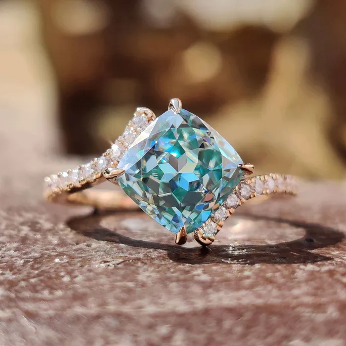 Diamondrensu Rings 226 TCW Cyan Blue Cushion Rensu Cut Bypass Pave Moissanite Engagement Ring Diamondrensu Rings 226 TCW Cyan Blue Cushion Rensu Cut Bypass Pave Moissanite Engagement Ring