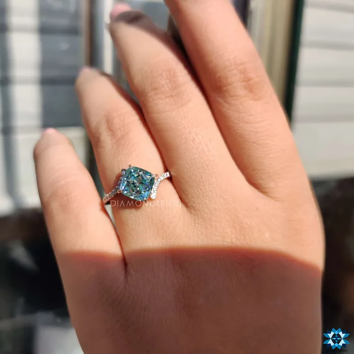 Diamondrensu Rings 226 TCW Cyan Blue Cushion Rensu Cut Bypass Pave Moissanite Engagement Ring Diamondrensu Rings 226 TCW Cyan Blue Cushion Rensu Cut Bypass Pave Moissanite Engagement Ring