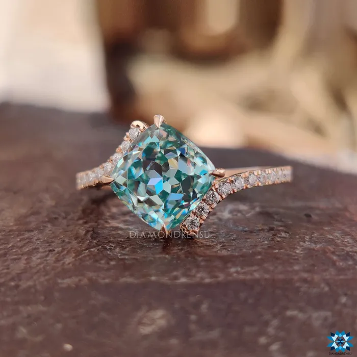 Diamondrensu Rings 226 TCW Cyan Blue Cushion Rensu Cut Bypass Pave Moissanite Engagement Ring Diamondrensu Rings 226 TCW Cyan Blue Cushion Rensu Cut Bypass Pave Moissanite Engagement Ring