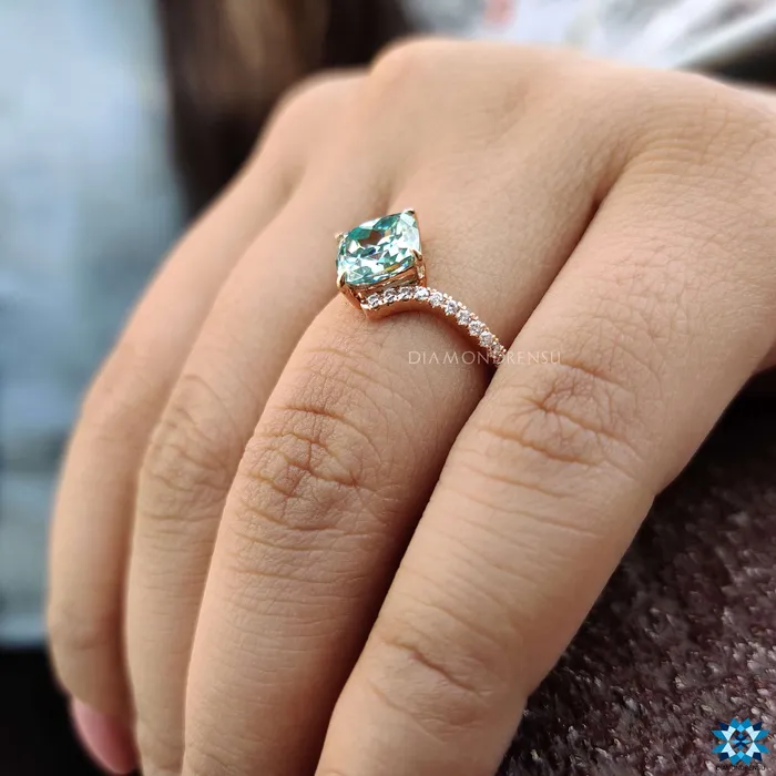 Diamondrensu Rings 226 TCW Cyan Blue Cushion Rensu Cut Bypass Pave Moissanite Engagement Ring Diamondrensu Rings 226 TCW Cyan Blue Cushion Rensu Cut Bypass Pave Moissanite Engagement Ring