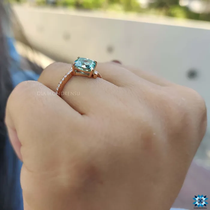 Diamondrensu Rings 226 TCW Cyan Blue Cushion Rensu Cut Bypass Pave Moissanite Engagement Ring Diamondrensu Rings 226 TCW Cyan Blue Cushion Rensu Cut Bypass Pave Moissanite Engagement Ring