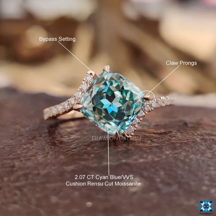 Diamondrensu Rings 226 TCW Cyan Blue Cushion Rensu Cut Bypass Pave Moissanite Engagement Ring Diamondrensu Rings 226 TCW Cyan Blue Cushion Rensu Cut Bypass Pave Moissanite Engagement Ring