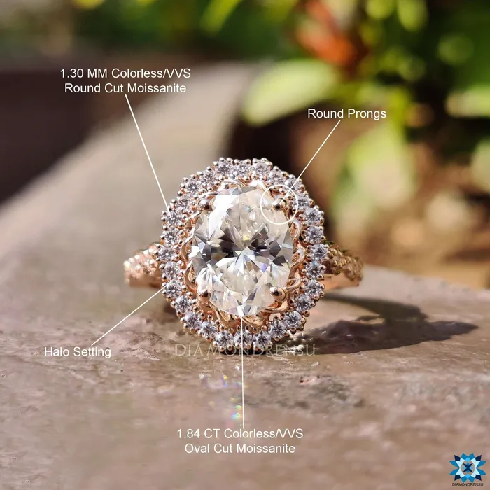 Diamondrensu Rings 229 TW Oval Cut Twisted Outline Cathedral Set Moissanite Halo Engagement Ring