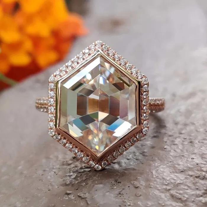 Diamondrensu Rings 533 TCW Hexagon Rose Cut Dazzling Micro Pave Halo Engagement Ring Diamondrensu Rings 533 TCW Hexagon Rose Cut Dazzling Micro Pave Halo Engagement Ring