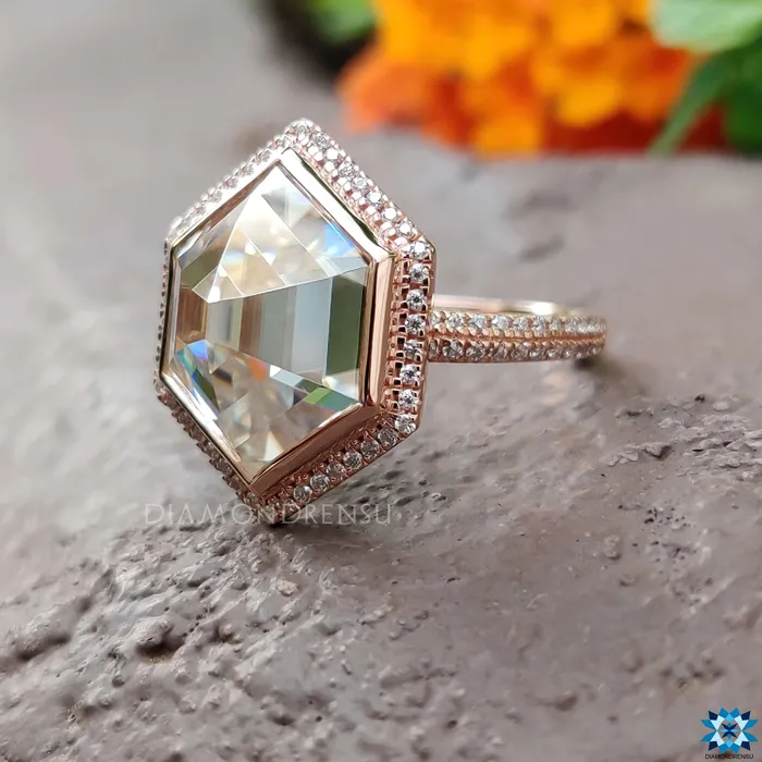 Diamondrensu Rings 533 TCW Hexagon Rose Cut Dazzling Micro Pave Halo Engagement Ring Diamondrensu Rings 533 TCW Hexagon Rose Cut Dazzling Micro Pave Halo Engagement Ring