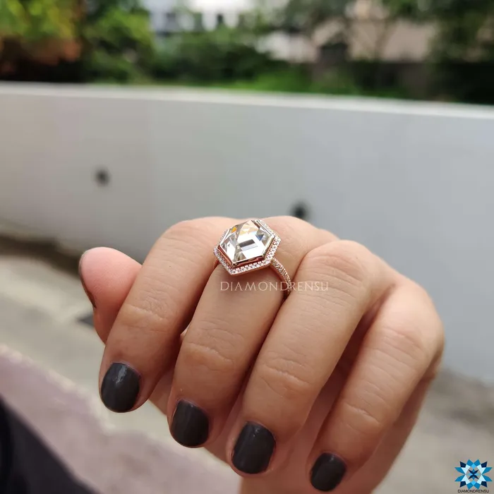 Diamondrensu Rings 533 TCW Hexagon Rose Cut Dazzling Micro Pave Halo Engagement Ring Diamondrensu Rings 533 TCW Hexagon Rose Cut Dazzling Micro Pave Halo Engagement Ring