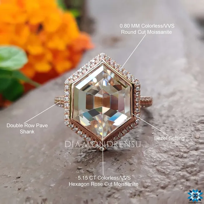 Diamondrensu Rings 533 TCW Hexagon Rose Cut Dazzling Micro Pave Halo Engagement Ring Diamondrensu Rings 533 TCW Hexagon Rose Cut Dazzling Micro Pave Halo Engagement Ring