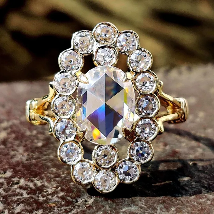 Diamondrensu Rings Antique Vintage 287 TCW Oval Rose Cut Moissanite Halo Engagement Ring Diamondrensu Rings Antique Vintage 287 TCW Oval Rose Cut Moissanite Halo Engagement Ring