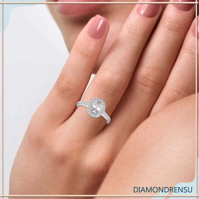 Diamondrensu Rings Oval Solitaire Engagement Ring With a Delicate Pave Ring