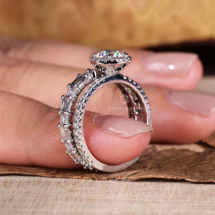 Diamondrensu Rings Round Diamond Ring Emerald Cut Wedding Band Diamond Bridal Set