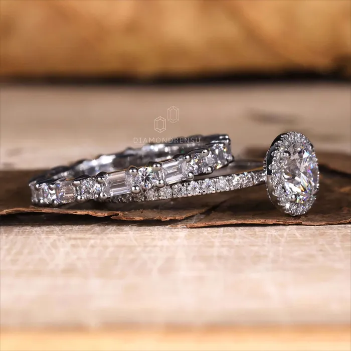 Diamondrensu Rings Round Diamond Ring Emerald Cut Wedding Band Diamond Bridal Set
