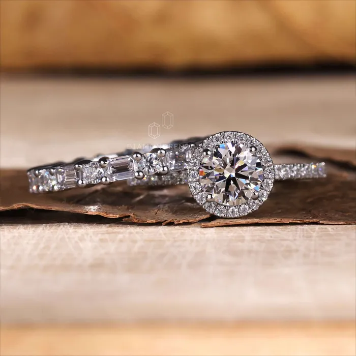 Diamondrensu Rings Round Diamond Ring Emerald Cut Wedding Band Diamond Bridal Set
