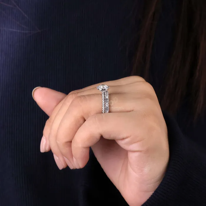 Diamondrensu Rings Round Diamond Ring Emerald Cut Wedding Band Diamond Bridal Set