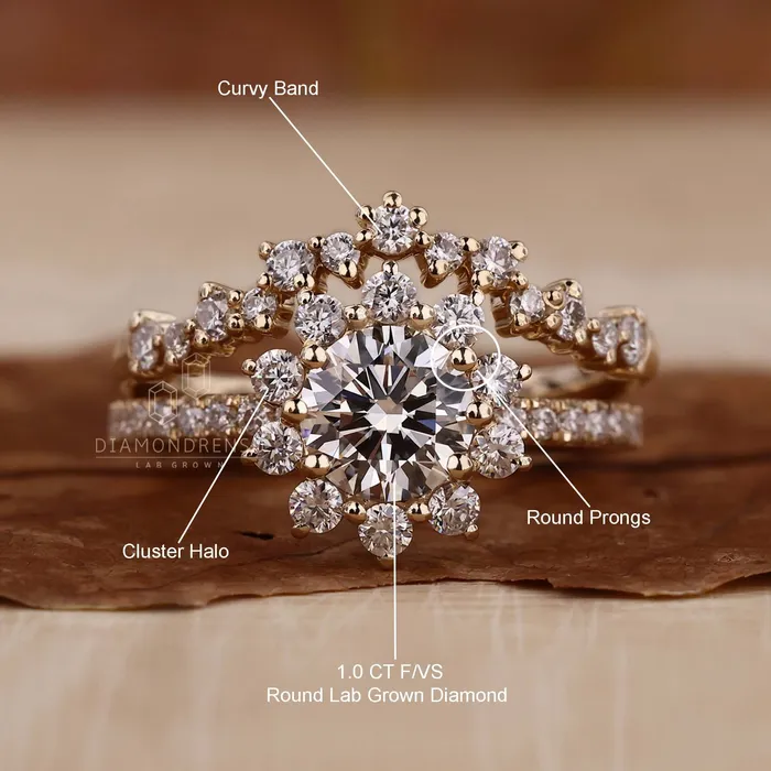 Diamondrensu Rings Round Diamond Ring with Matching Curved Wedding Band