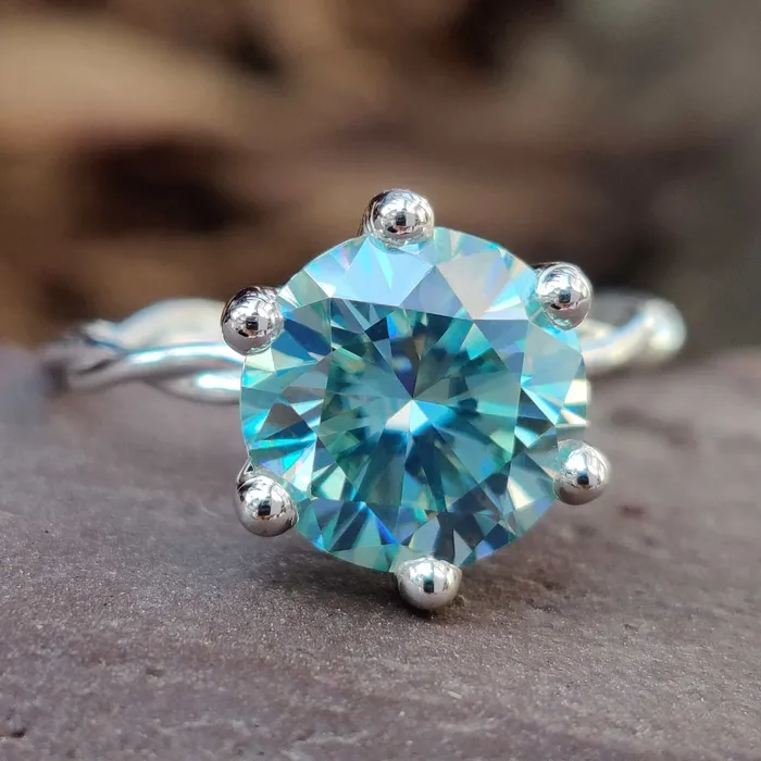 Diamondrensu Twisted Engagement Ring With Cyan Blue Moissanite Rings