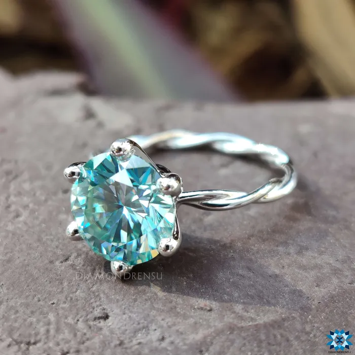 Diamondrensu Twisted Engagement Ring With Cyan Blue Moissanite Rings