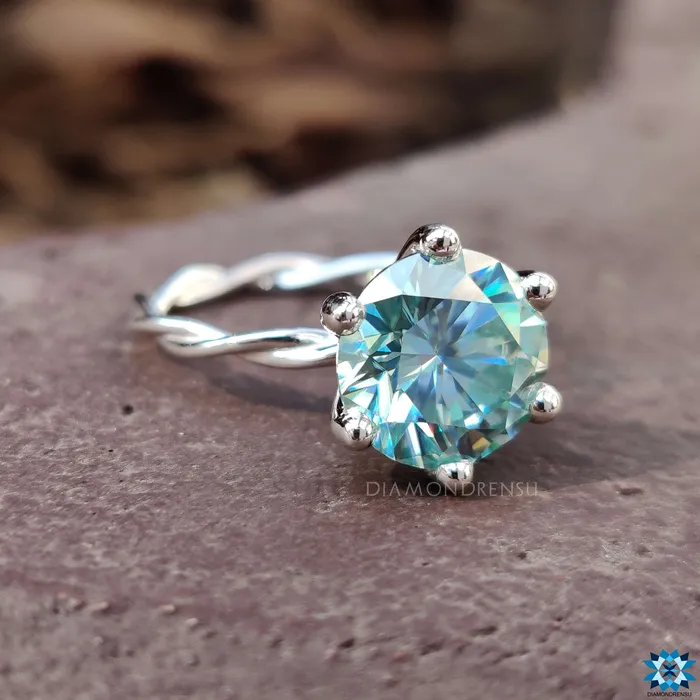 Diamondrensu Twisted Engagement Ring With Cyan Blue Moissanite Rings