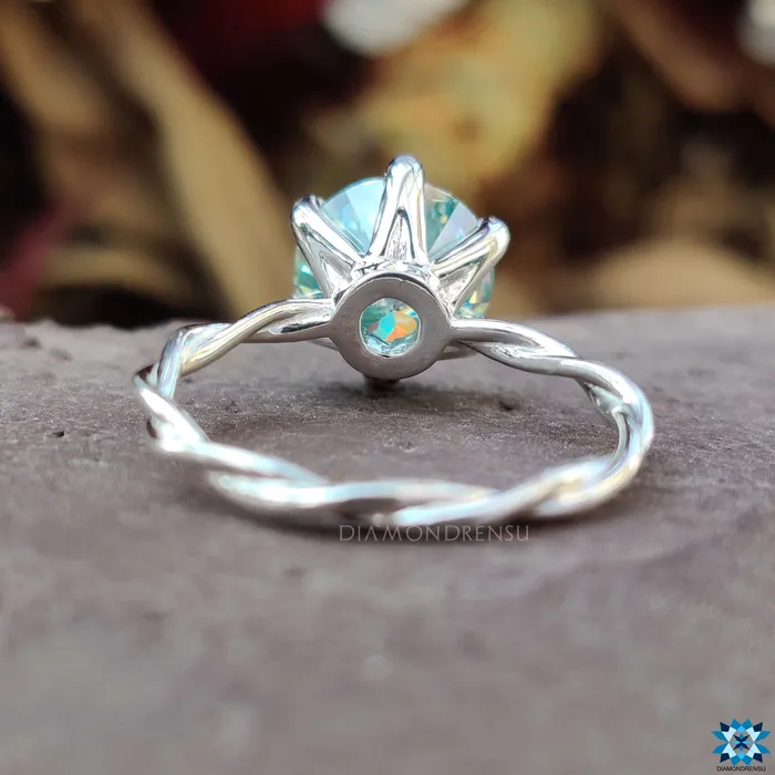 Diamondrensu Twisted Engagement Ring With Cyan Blue Moissanite Rings