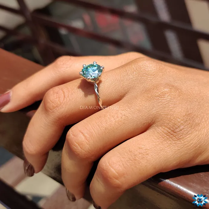 Diamondrensu Twisted Engagement Ring With Cyan Blue Moissanite Rings