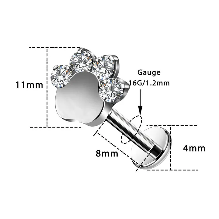 Earrings 16G Internally Threaded Titanium Puppy Paw Labret Stud OUFER BODY JEWELRY Earrings 16G Internally Threaded Titanium Puppy Paw Labret Stud OUFER BODY JEWELRY