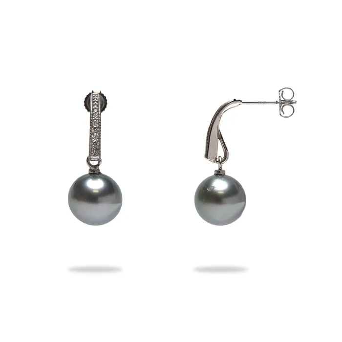 Earrings Maui Divers Jewelry Tahitian Black Pearl Earrings in White Gold with Diamonds 910mm