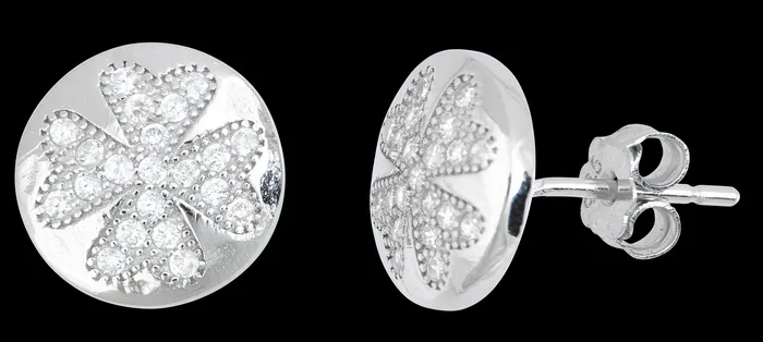 Earrings Silver Sterling Silver Round Clover Pave Stud