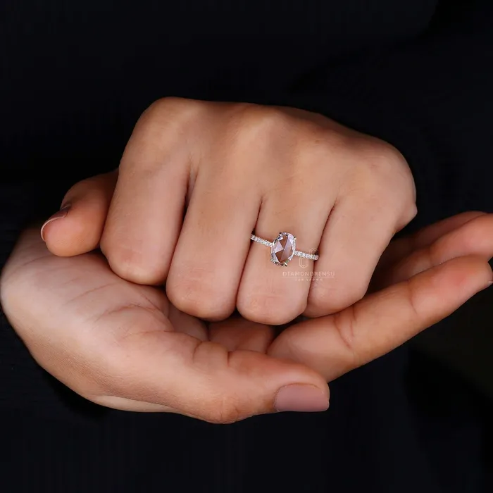 Flat Oval Rose Cut Lab Created Diamond Engagement Ring Diamondrensu Rings