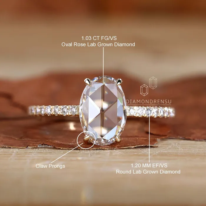 Flat Oval Rose Cut Lab Created Diamond Engagement Ring Diamondrensu Rings