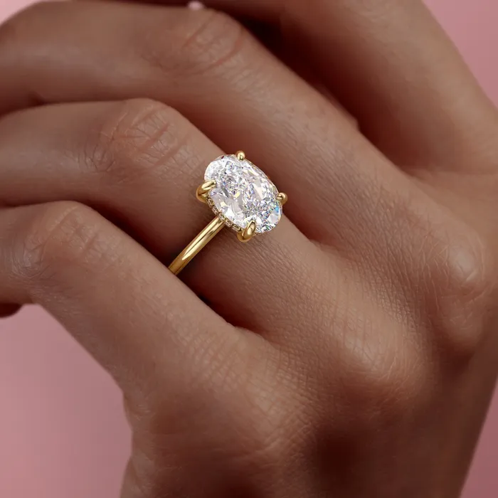Flawless Moissanite Rings Oval Cut Moissanite Engagement Ring Plain Band Hidden Halo
