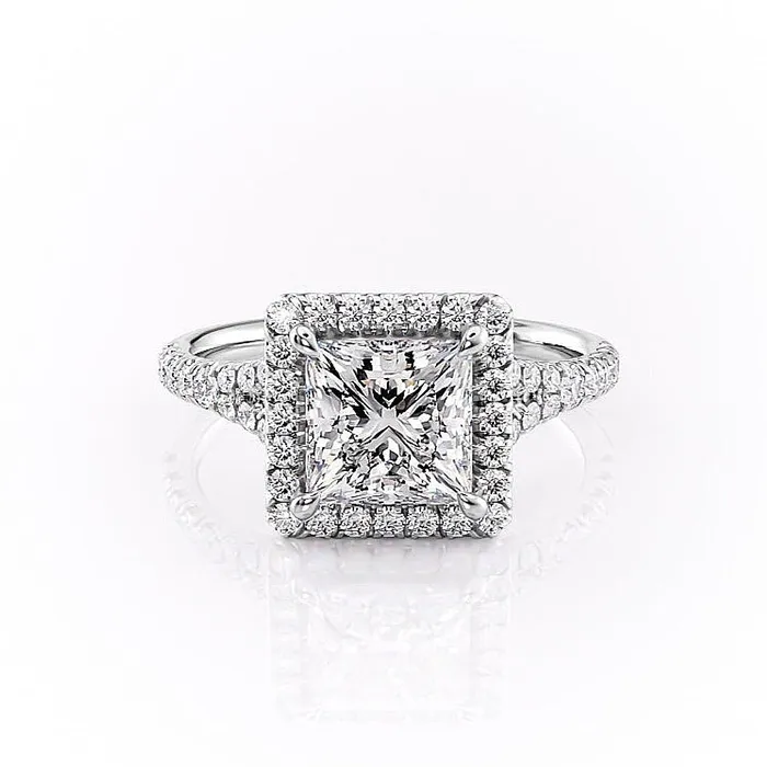 Flawless Moissanite Rings Princess Cut Moissanite Engagement Ring Halo With Split Shank Flawless Moissanite Rings Princess Cut Moissanite Engagement Ring Halo With Split Shank