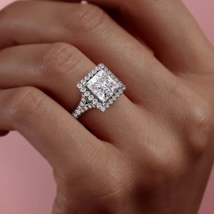 Flawless Moissanite Rings Princess Cut Moissanite Engagement Ring Halo With Split Shank
