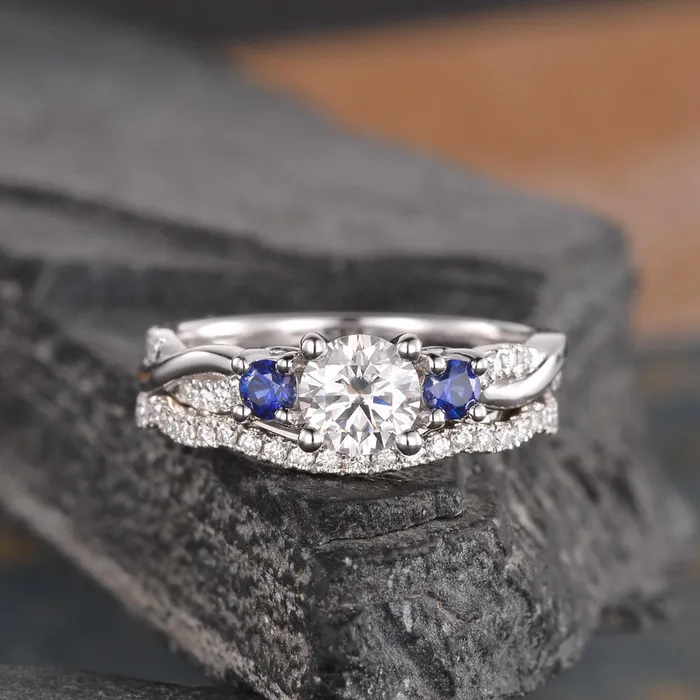 Flawless Moissanite Round Cut Moissanite and Sapphire Ring set Rings