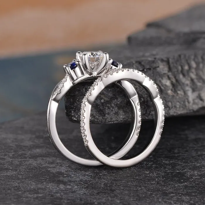 Flawless Moissanite Round Cut Moissanite and Sapphire Ring set Rings Flawless Moissanite Round Cut Moissanite and Sapphire Ring set Rings
