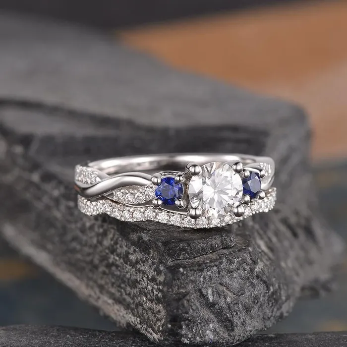 Flawless Moissanite Round Cut Moissanite and Sapphire Ring set Rings Flawless Moissanite Round Cut Moissanite and Sapphire Ring set Rings