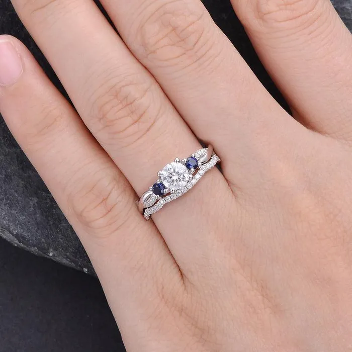 Flawless Moissanite Round Cut Moissanite and Sapphire Ring set Rings Flawless Moissanite Round Cut Moissanite and Sapphire Ring set Rings