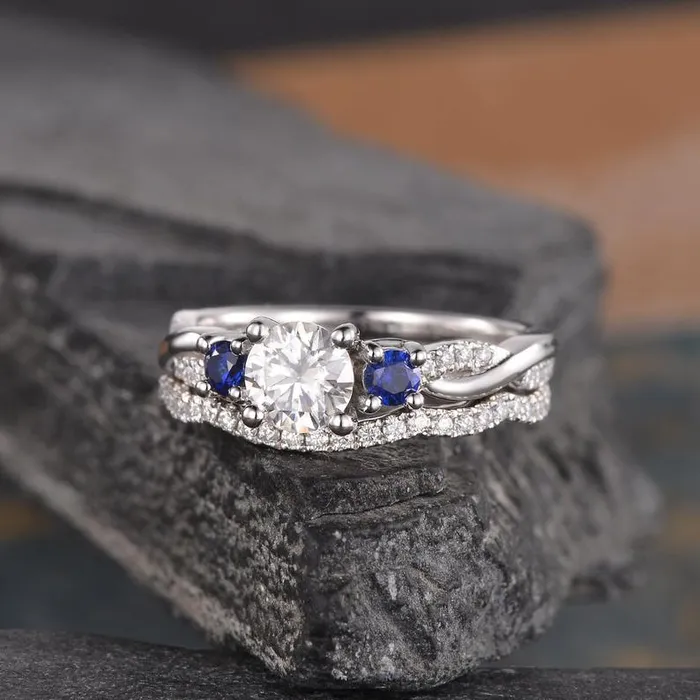 Flawless Moissanite Round Cut Moissanite and Sapphire Ring set Rings Flawless Moissanite Round Cut Moissanite and Sapphire Ring set Rings