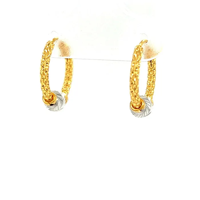 Gold Palace Earrings 22K Gold Two Tone Textured Hoop Earrings with Bead
