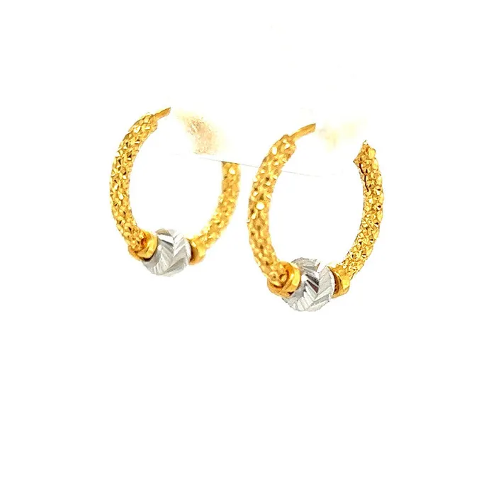 Gold Palace Earrings 22K Gold Two Tone Textured Hoop Earrings with Bead