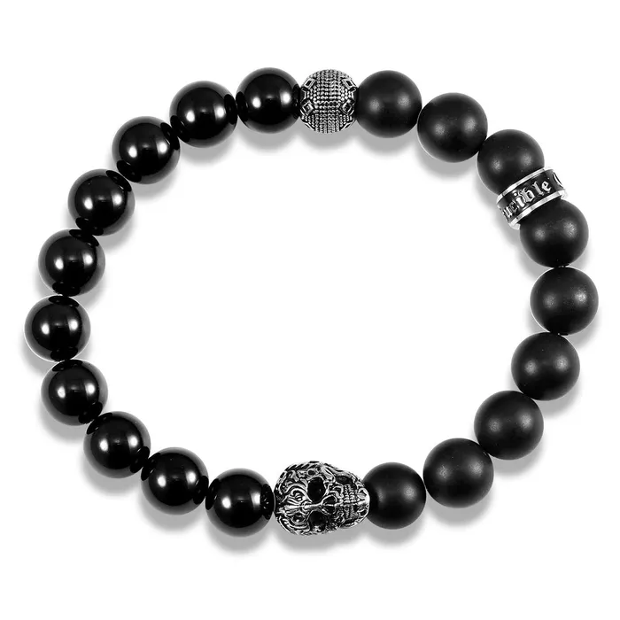 Invicta Jewelry Bracelets Crucible Skull Stretch Bracelet with 10mm Matte and Polished Black Onyx Beads