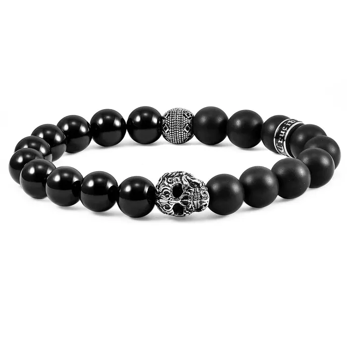 Invicta Jewelry Bracelets Crucible Skull Stretch Bracelet with 10mm Matte and Polished Black Onyx Beads