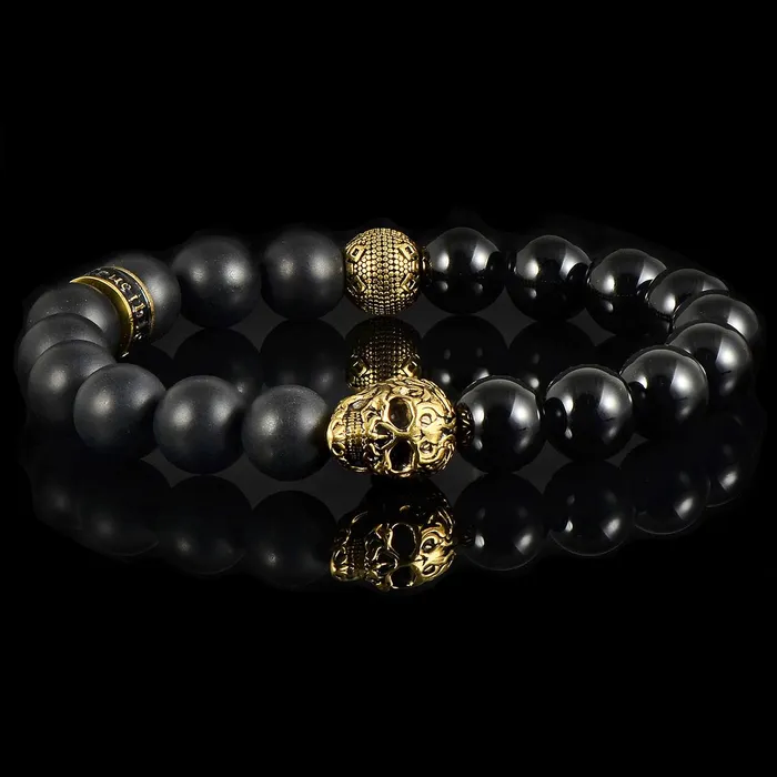 Invicta Jewelry Bracelets Crucible Skull Stretch Bracelet with 10mm Matte and Polished Black Onyx Beads