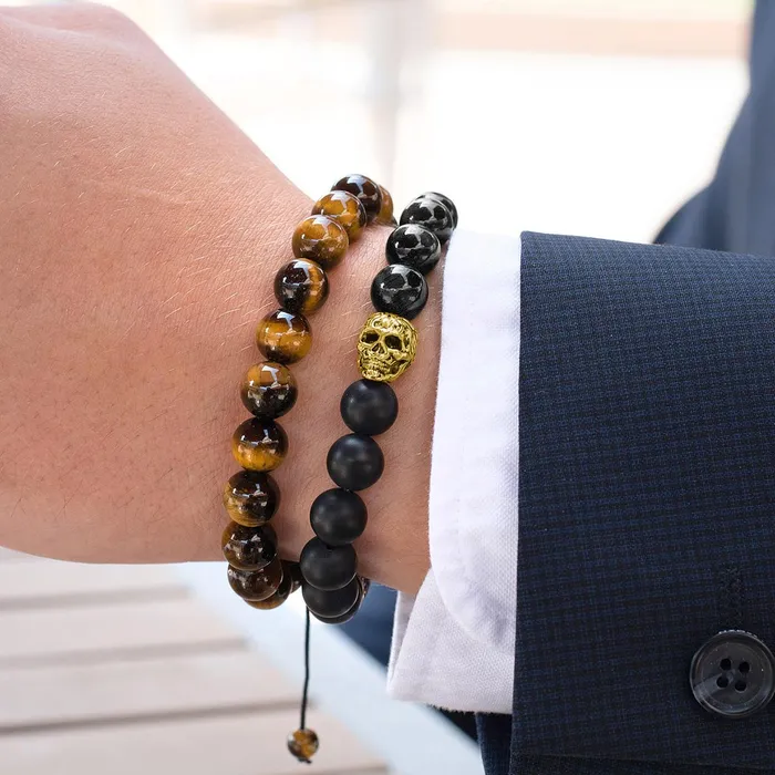 Invicta Jewelry Bracelets Crucible Skull Stretch Bracelet with 10mm Matte and Polished Black Onyx Beads