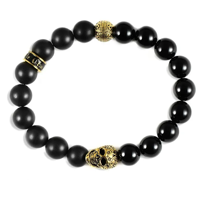 Invicta Jewelry Bracelets Crucible Skull Stretch Bracelet with 10mm Matte and Polished Black Onyx Beads