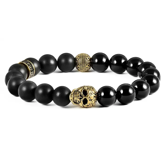 Invicta Jewelry Bracelets Crucible Skull Stretch Bracelet with 10mm Matte and Polished Black Onyx Beads