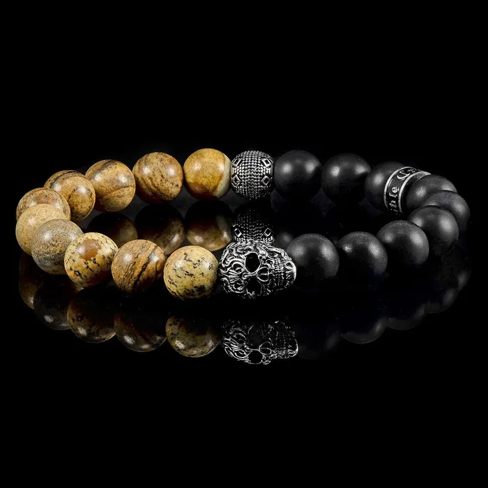 Invicta Jewelry Bracelets Crucible Skull Stretch Bracelet with 10mm Matte Black Onyx and Picture Jasper Beads Invicta Jewelry Bracelets Crucible Skull Stretch Bracelet with 10mm Matte Black Onyx and Picture Jasper Beads