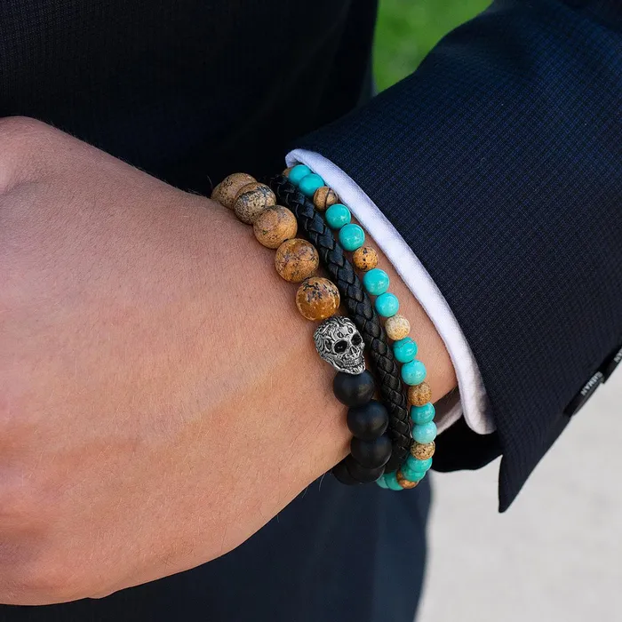 Invicta Jewelry Bracelets Crucible Skull Stretch Bracelet with 10mm Matte Black Onyx and Picture Jasper Beads